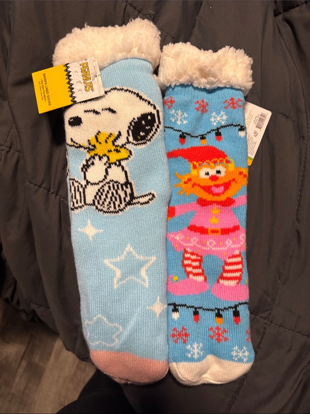 Peanuts Light Blue Snoopy & Festive Elf Plush Cuff Kids Socks
